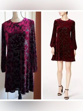 Taylor Flocked Velvet Long Bishop Sleeve Dress Sz 8